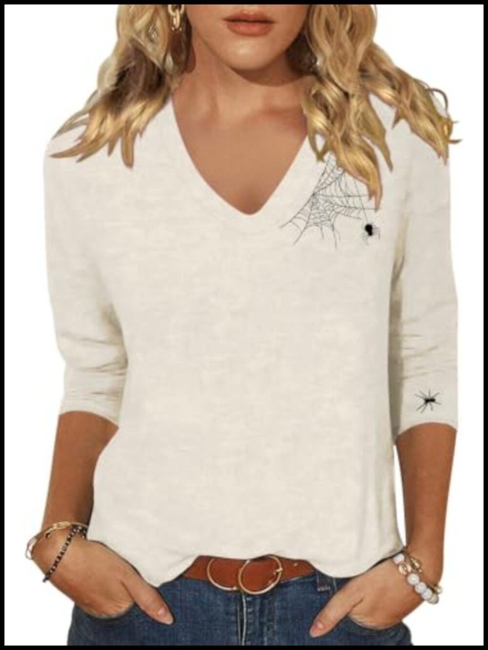 Embroidered Graphic Tee Women's 3/4 Sleeve Pullover Cotton Blend